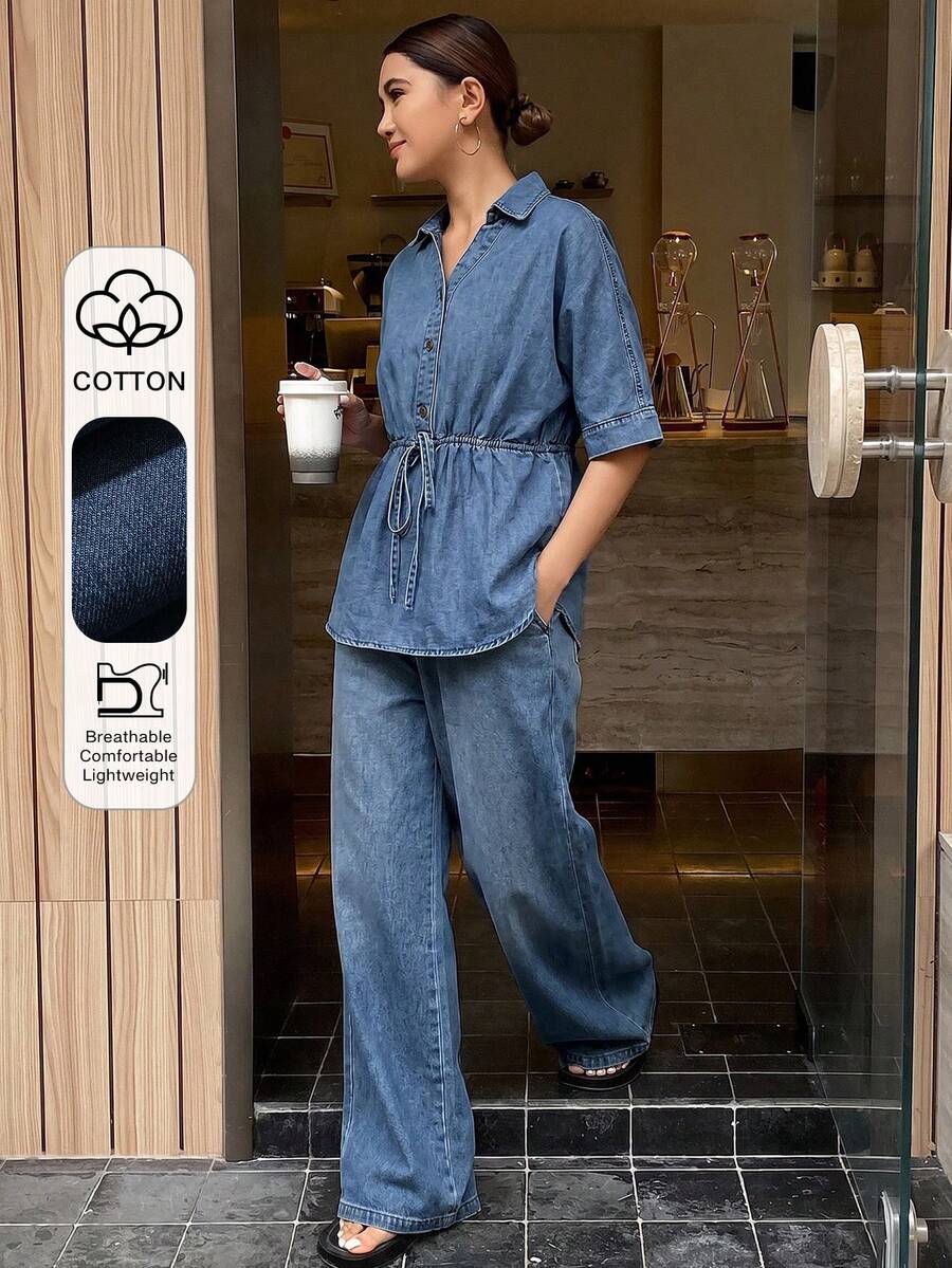 Livesso 春夏女款 2 件套休閒通勤套裝,寬鬆休閒街頭風丹寧襯衫開襟衫搭配直筒牛仔長褲,適合情人節、婚禮、辦公室、戶外、商務休閒與極簡街頭風 - 中等水洗藍 - 查看 1