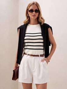 Briarwyn Women's Sleeveless Black And White Striped Cropped Sweater, Fashionable For Autumn City Break Coastal - Black and White - View 5
