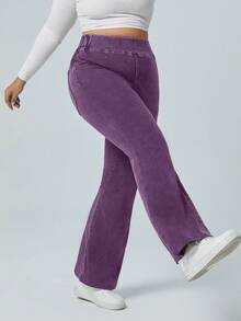 Flexra Plus Size Solid Color Elastic Waist Stretchy Knit Casual Wide Leg Flare Jeans - Purple - View 3
