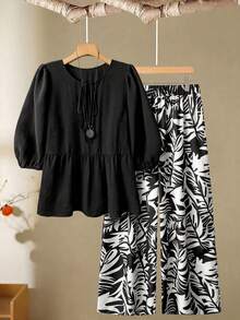 Linhara Set Kasual Wanita Ukuran Plus Warna Polos Model Blus Model Doll dengan Ikatan Depan dan Celana Panjang Lebar Bermotif untuk Musim Gugur - Hitam - View 1