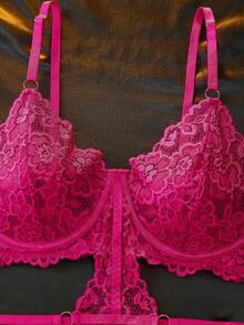 Seduluxe Classic Sexy Lace Lingerie Set 3pcs - Hot Pink - View 3
