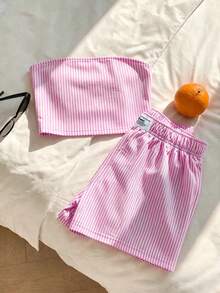 SHEIN EZwear 休閒簡約復古優雅通勤百搭暖粉色與白色條紋印花圖案，女款通勤套裝、海灘套裝、度假套裝、女款夏季套裝，抹胸上衣與短褲女款兩件套 - 彩色 - 查看 4
