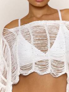 MUSERA Transparentes strukturiertes gestricktes Langarm-Crop-Top, Strandmode, süß, Festival, Frühling, Sommer, Urlaub, Ferien, klassisch, elegant, Ausgehen, Date-Night - Weiss - Übersicht 2
