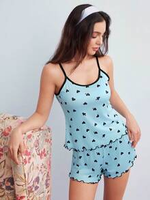 Elorette 2pcs Valentine's Day Contrast Color Ruffles Heart Print Camisole And Shorts Pajama Set - Blue - View 5