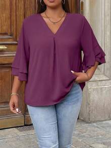 Easura Plus Solid V Neck Flounce Sleeve Blouse Fall - Red Violet - View 2