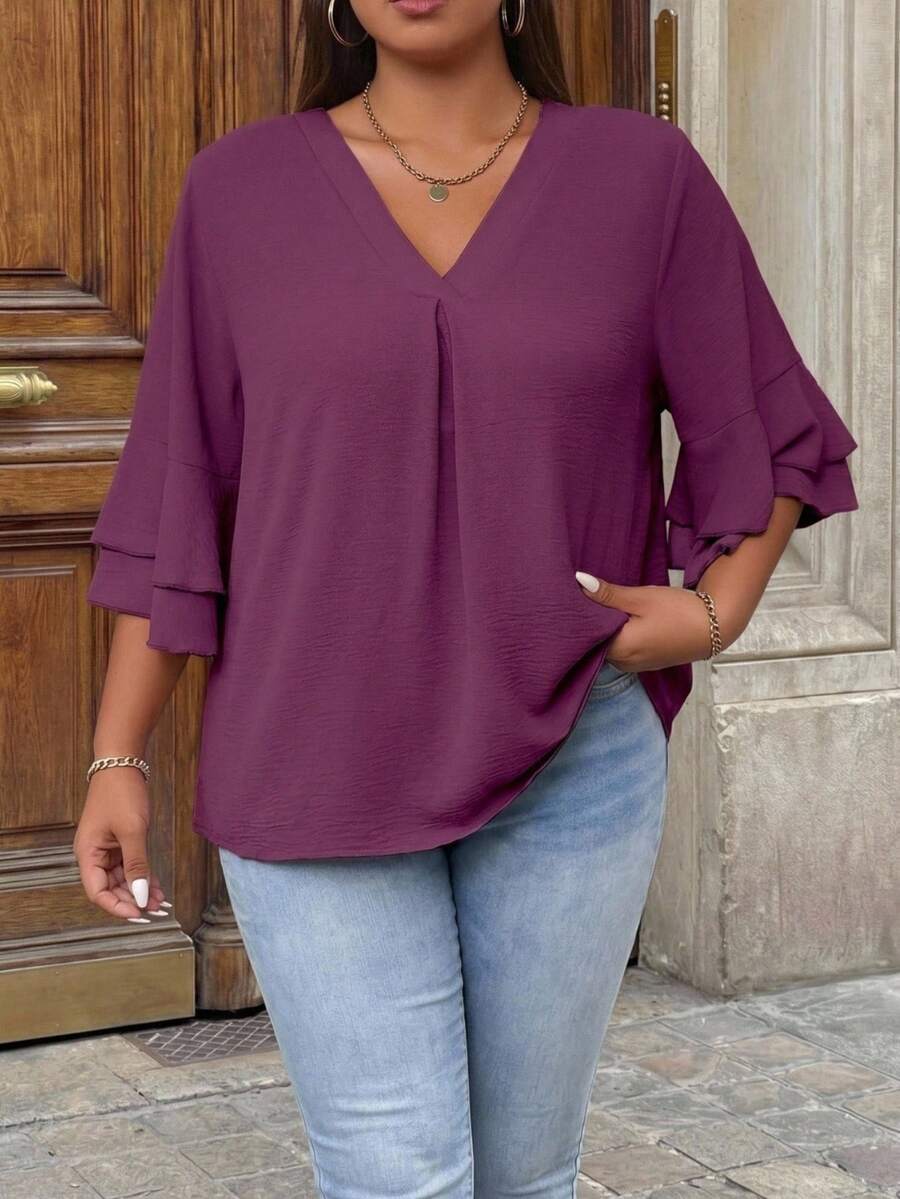 Easura Plus Solid V Neck Flounce Sleeve Blouse Fall