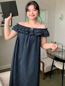 Dazy Plus 荷葉邊肩帶方領蝴蝶結裝飾格紋寬鬆長款睡袍 夏季睡衣 - 藏蓝色 - 查看 4