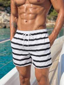 Manfinity Swimmode 条纹抽绳休闲夏季沙滩短裤 - 黑與白 - 查看 2