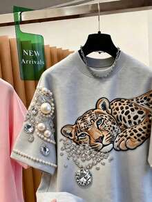 Resyla Women's Round Neck Faux Pearl Decor Leopard Print Casual Versatile Daily Wear T-Shirt - Multicolor - View 5