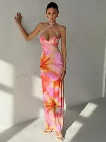Aloruh Women Long Dresses Vacation Pink Orange Tropical,Wedding Guest,Graduation Dress - Orange - View 3