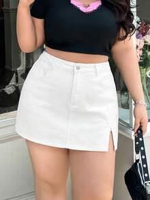 SHEIN ICON 大尺碼女款牛仔裙褲，側開衩下擺附口袋 - 白色 - 查看 5