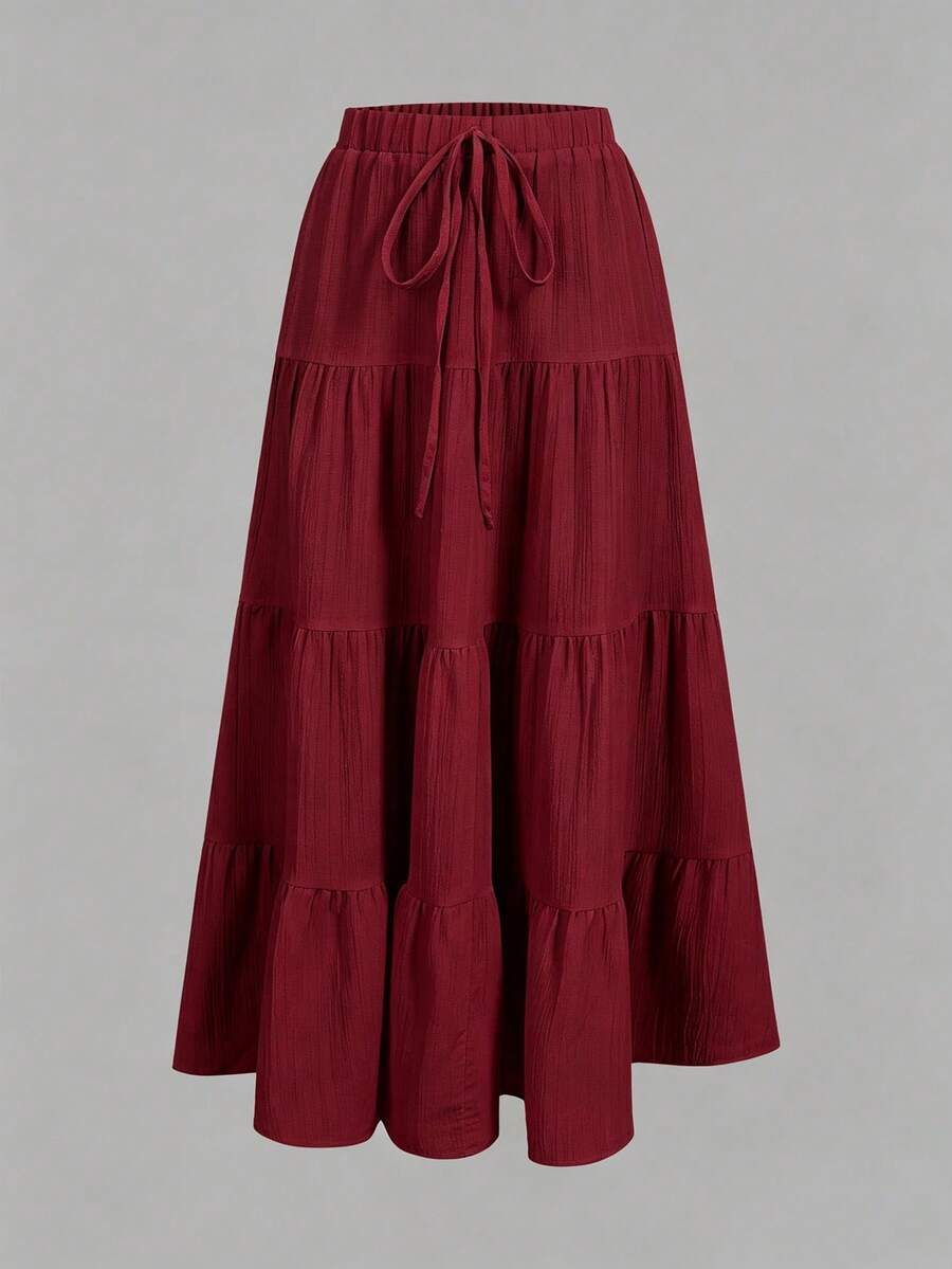SHEIN EZwear 女款休閒度假多層式蛋糕裙,適合夏季 - 酒紅色 - 查看 1