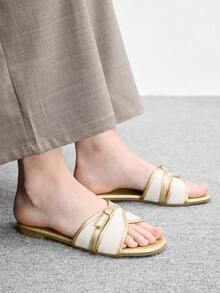 CUCCOO BIZCHIC Women's Fashion Gold Simple Buckle Color Matching Flat Sandals Summer - Gold - View 5