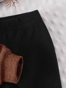SHEIN Infant/Toddler (Girl) Chocolate Brown Black Ribbed Long Sleeve Cardigan Jacket With Large Flower Decoration, Solid Color Long Pants 2-Piece Set Spring - Brown - View 6