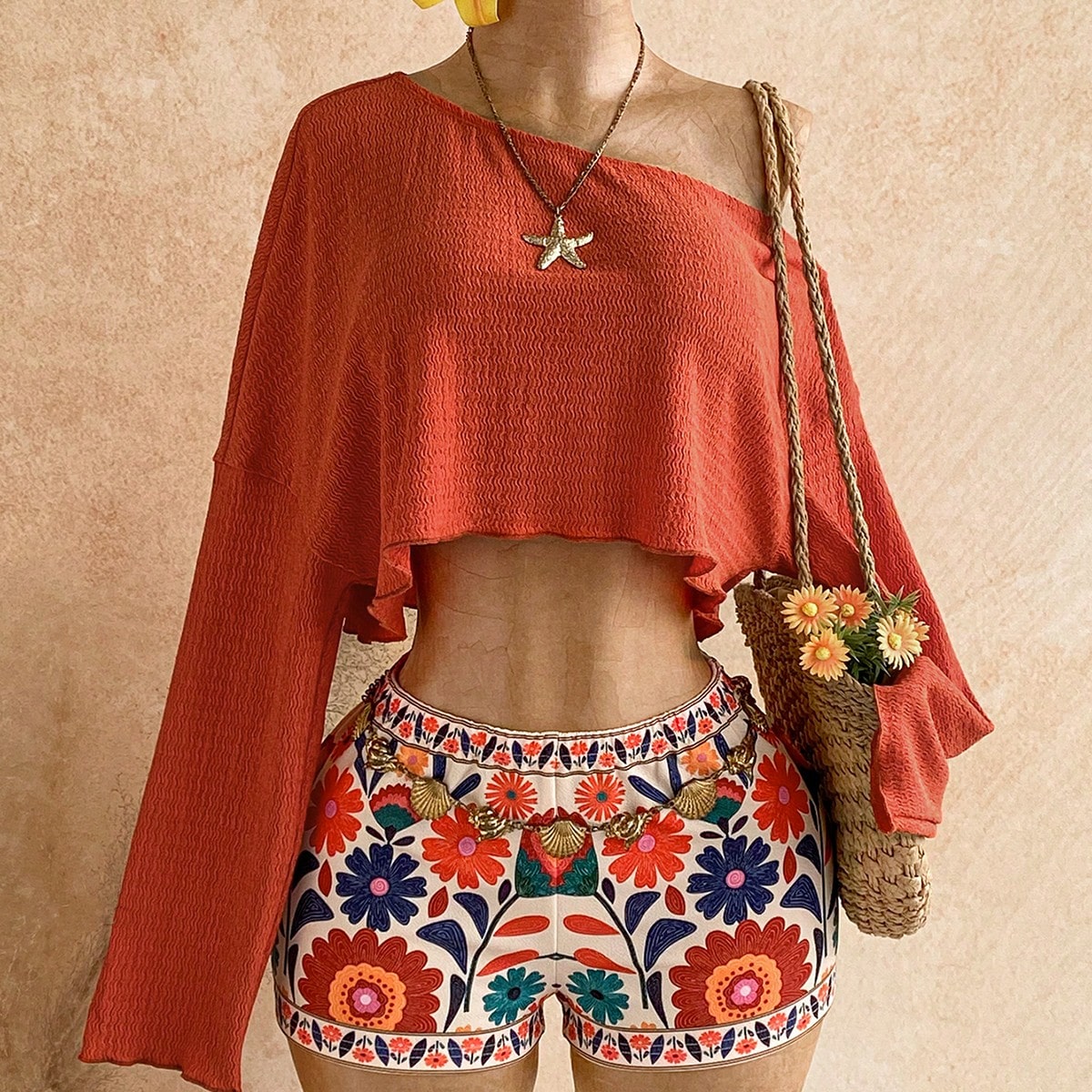 Women's Vacation Solid Color Asymmetrical Shoulder Long Sleeve Top And Floral Print Shorts Two Pieces Set Beach Burnt Orange White Floral Autumn Boho