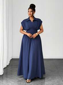 Maweii Charmantes elegantes Revershemd mit Plissee, einfarbiges taillenbetontes Große Größen Kleid, geeignet für lässig-elegante Alltagskleidung, tägliche Date-Kleidung, charmantes elegantes Kleid, Frühlings-/Sommerkleid - marineblau - Übersicht 6