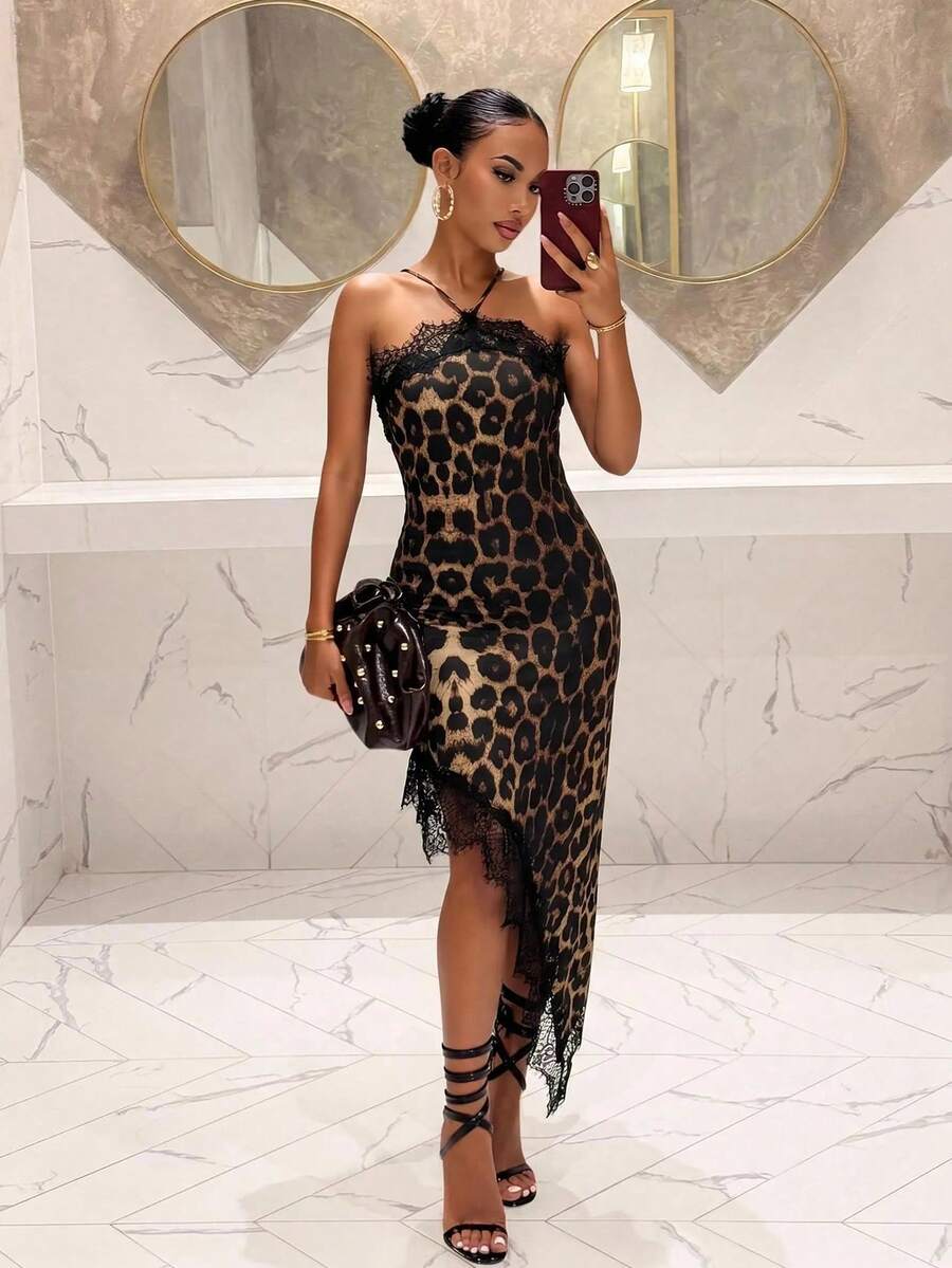 Slaydiva Women's Leopard Print Contrast Lace Sexy Halter Neck Long Dress - Multicolor - View 1