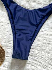 Bonvoyette Hard Cup Steel Support Spaghetti Strap Ruched Sexy Bikini Set - Navy Blue - View 7