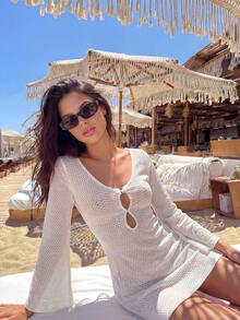 Bonvoyette Women's Casual White Openwork Flared Long-Sleeved Cover-Up Dress,Fairy Beach Cover-Up, White Long Sleeve Dress - White - View 4