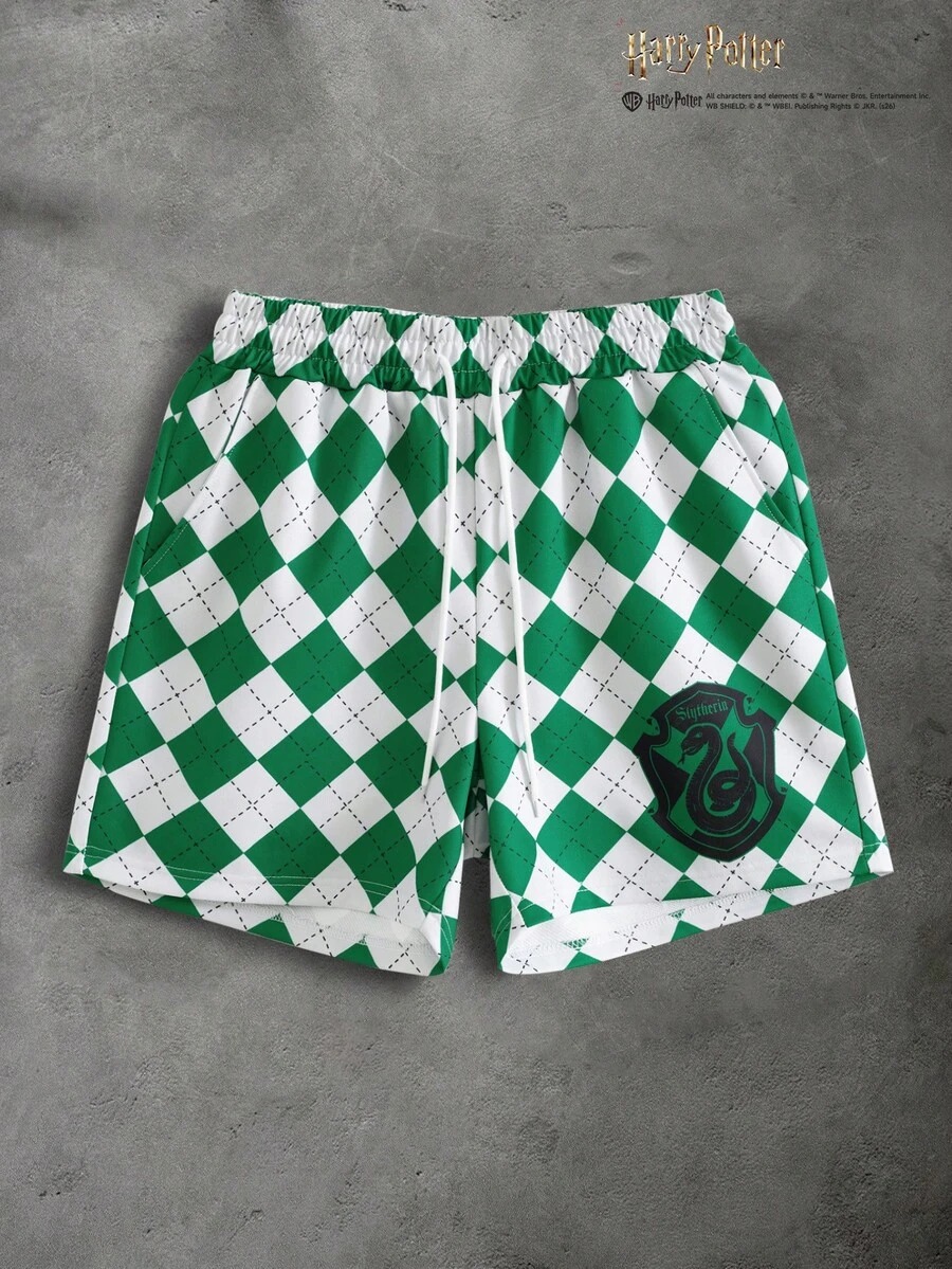 HARRY POTTER X SHEIN PAVTROS Men's Checkered Print Drawstring Waist Casual Shorts - Multicolor - View 1