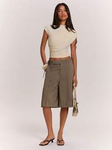 SHEIN BAE Women's Solid Color Stand Collar Pleated Slim Fit Versatile Casual Sexy T-Shirt Going Out White Summer - Apricot - View 3
