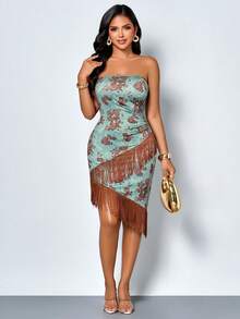 SOLERSUN Ropa de mujer primavera/verano: estilo elegante y relajado, estampado floral, tela de punto elástico, sin mangas, sin tirantes, ajustado, fruncido, dobladillo asimétrico, decoración de borlas, vestido midi (floral aleatorio) - Verde claro - Ver 2