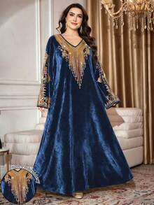 SHEIN Najma Váy maxi nhung thanh lịch cổ chữ V tay dài họa tiết hoa nhiều màu sắc cổ điển dành cho nữ cỡ lớn, mùa xuân/thu - Nhiều màu - Xem 1