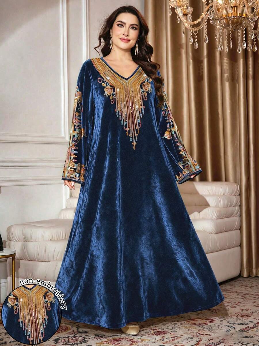 SHEIN Najma Váy maxi nhung thanh lịch cổ chữ V tay dài họa tiết hoa nhiều màu sắc cổ điển dành cho nữ cỡ lớn, mùa xuân/thu - Nhiều màu - Xem 1