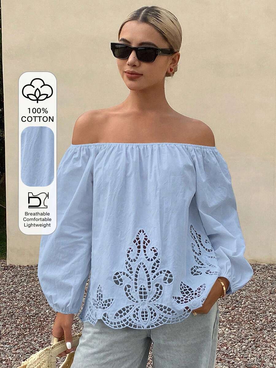 DAZY Women's Loose Off Shoulder Long Sleeve Hollow Embroidery Casual Vacation Summer Top Blouse - Baby Blue - View 1