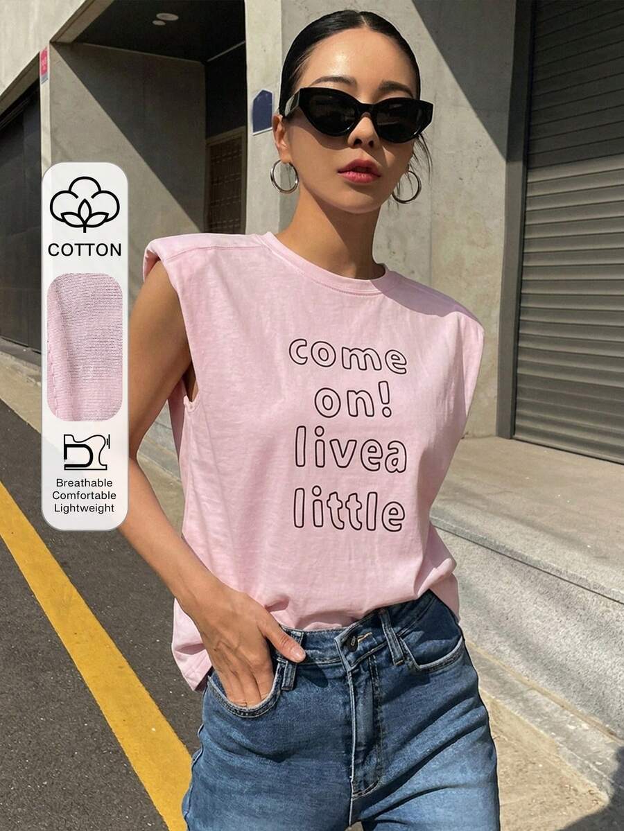 DAZY 女款休閒日常字母刺繡圓領T恤,夏季圖案短袖上衣 - 淺粉色 - 查看 1