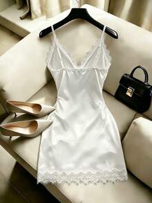 SHEIN Women's Elegant Solid Color Lace Trim Shoulder Strap Dress, Sexy Ruched Low Neckline And Waist Design, Summer Dress, Summer Clothing, Holiday Dress, Elegant Party Dress, Women's Guest Dress, Graduation Dress, Elegant Dress, Casual Dress, Women's Formal Dress, Women's Office Wear, Black Dress - White - View 8