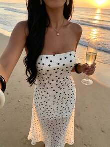 SHEIN PariChic Elegante vestido de mujer de gasa sin tirantes y sin mangas con lunares, silueta entallada en línea A que favorece, adecuado para ocasiones de verano, vacaciones, playa, citas - Blanco - Ver 5