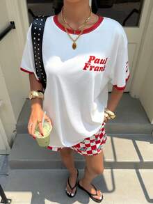 Muchica Paul Frank X SHEIN 女款夏季圓領對比飾邊短袖T恤與條紋短褲2件組，適合度假海灘派對 - 彩色 - 查看 2