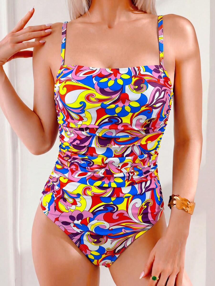 Swim Lushoire 女款春夏花卉印花一件式細肩帶泳衣,度假適用 - 彩色 - 查看 1