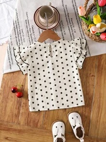SHEIN Young Girl Polka Dot Print Ruffle Sleeve Round Neck Back Cutout Top, Suitable For Summer Wear. - Apricot - View 4