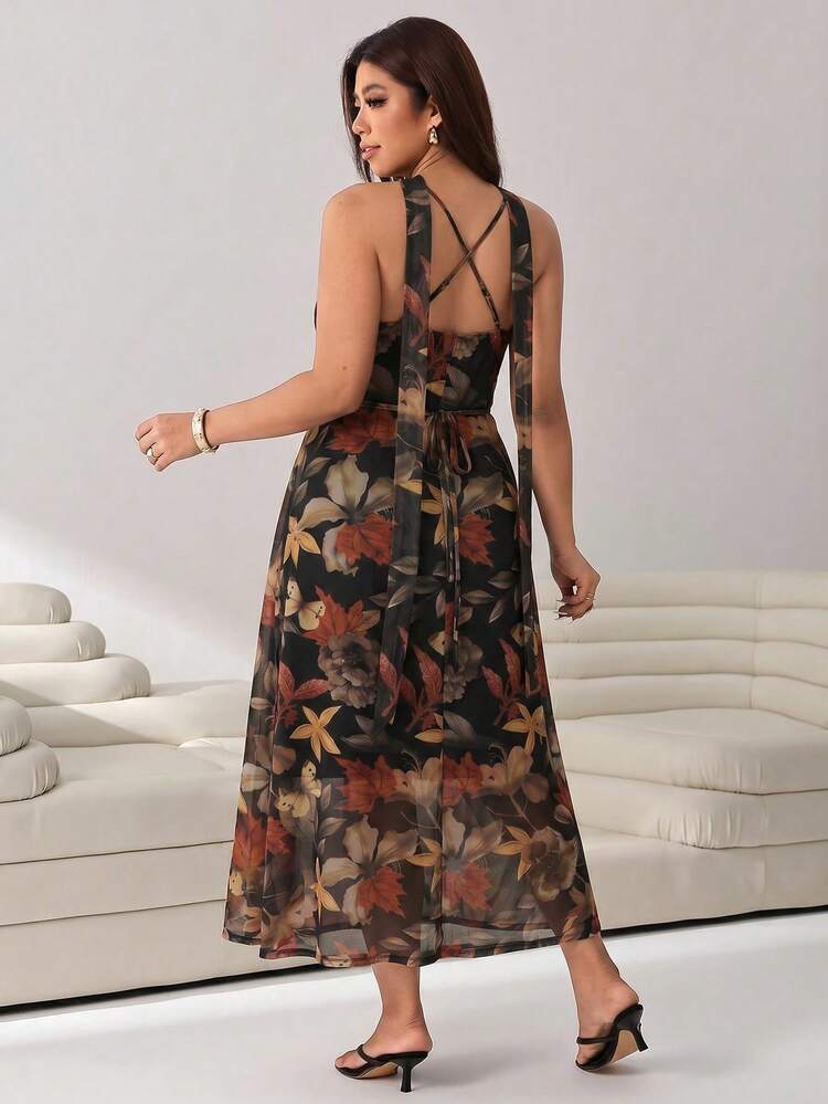 Solflare Vestido camisola elegante con estampado floral y cuello con volantes para mujer talla grande - Multicolor - Añade 2