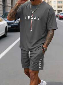 Sorvial Standard Size Men's Simple Slogan Print T-Shirt 2pcs Set, Suitable For Summer, Outdoor - Grey - View 11