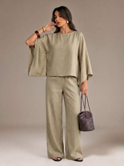SHEIN Tall Bộ đồ hai mảnh nữ phong cách tối giản, dáng rộng, bay bổng; lựa chọn tinh tế cho mùa hè; gồm áo và quần ống rộng; trang phục nữ đơn giản mà thanh lịch cho mùa xuân