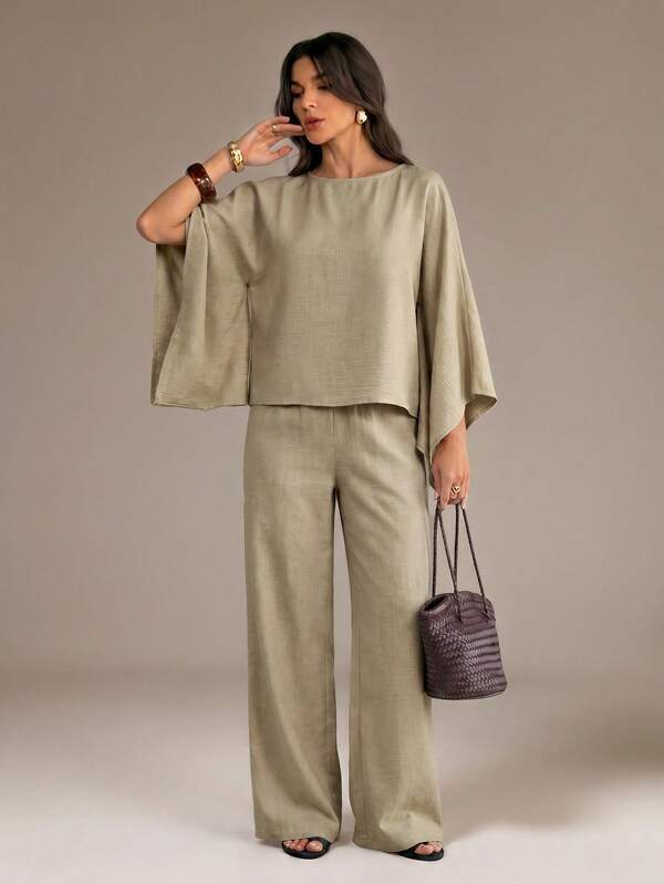SHEIN Tall Conjunto de dos piezas minimalista, holgado y fluido para mujeres; una opción sofisticada para el verano; con una parte superior y pantalones de pierna ancha; ropa de mujer sencilla pero elegante para la primavera