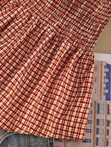 CosyJoli Plus Size Women's Vacation Plaid Shirred Bandeau Top - Red - View 6
