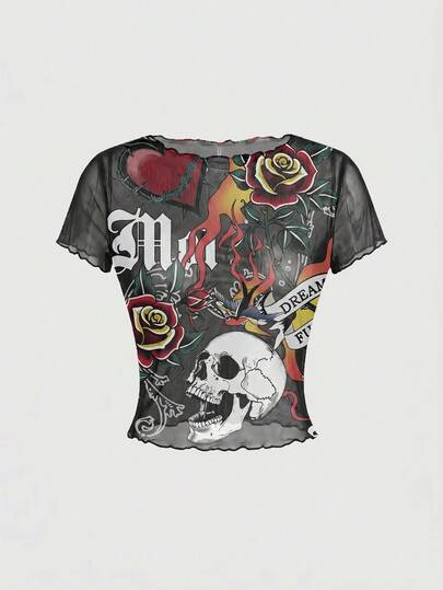 Grunge Punk Damen Lässig Vielseitig Alltags Top mit Buchstaben und Totenkopf-Muster