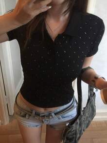 DAZY 春夏亮片黑色圓領基本款音樂節情人節婚禮休閒街頭戶外度假海灘優雅通勤短袖女款T恤 - 黑色 - 查看 6
