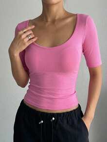 DAZY 女款修身純色挖領露背T恤 夏季Y2K風格 - 粉色 - 查看 7