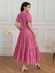 DAZY Conjunto de 2 piezas para mujer primavera verano otoño: Blusa de algodón bordada con mangas cortas abullonadas y cuello, con falda larga de volantes en capas - Rosa Fucsia - Ver 2
