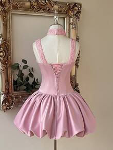 Lovelzi Elegant Romantic Fashion Sweet Pink Floral Bud Short Dress With Floral Lace Patchwork And Satin, Featuring Lace Collar, Suitable For Bachelorette Party, Wedding, Graduation, Homecoming And Other Formal Occasions - Pink - View 4