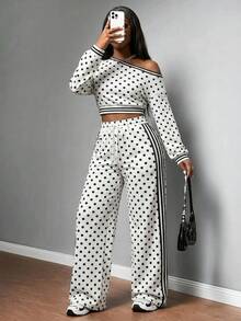 Slaydiva Conjunto casual de 2 piezas para mujer con top de manga larga y hombro asimétrico con estampado de lunares y pantalones - Multicolor - Ver 3