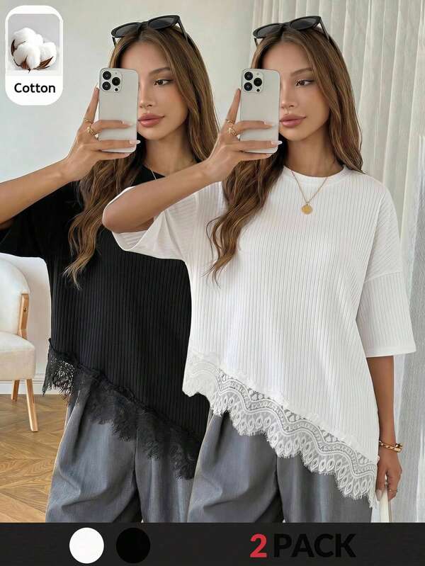 SHEIN 2 áo thun cho nữ teen, mẫu mới xuân/hè, dệt kim casual, màu đen trắng trơn, gấu áo không đối xứng, phối ren, mặc hàng ngày, dạo phố, streetwear