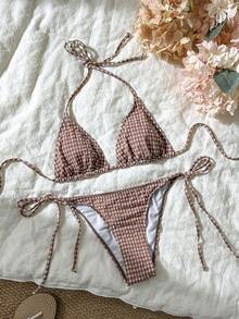 Swim Mod Women's Spring/Summer Jacquard Fabric Halter Neck Tie Bikini Set - Brown - View 1