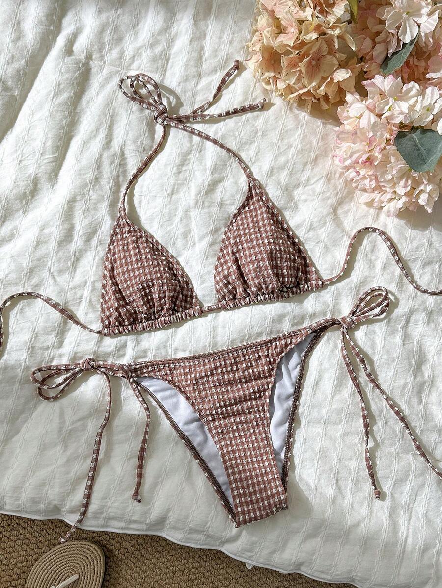 Swim Mod Women's Spring/Summer Jacquard Fabric Halter Neck Tie Bikini Set - Brown - View 1