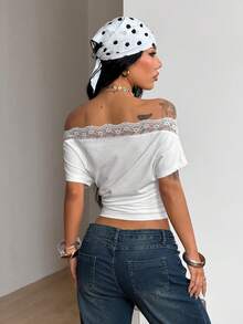 Coolane Women's Summer Elegant Street Wear Y2k Sexy Lace Off Shoulder Tee, Stretchy White And Black Top Night Out - White - View 6